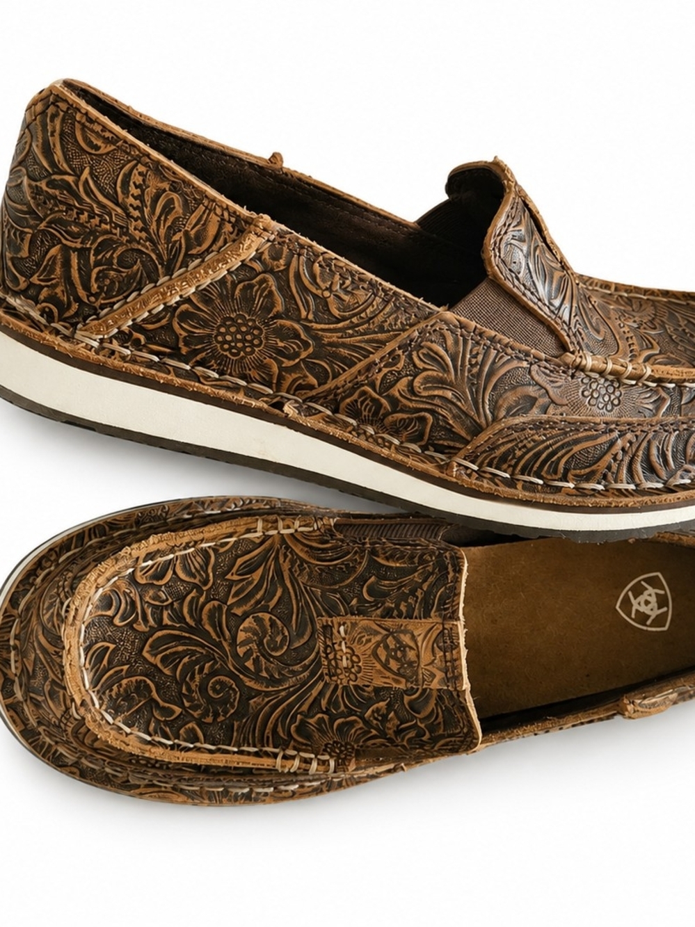 Ariat Brown Embossed Leather Slip-On Loafers - Picture 3 of 5